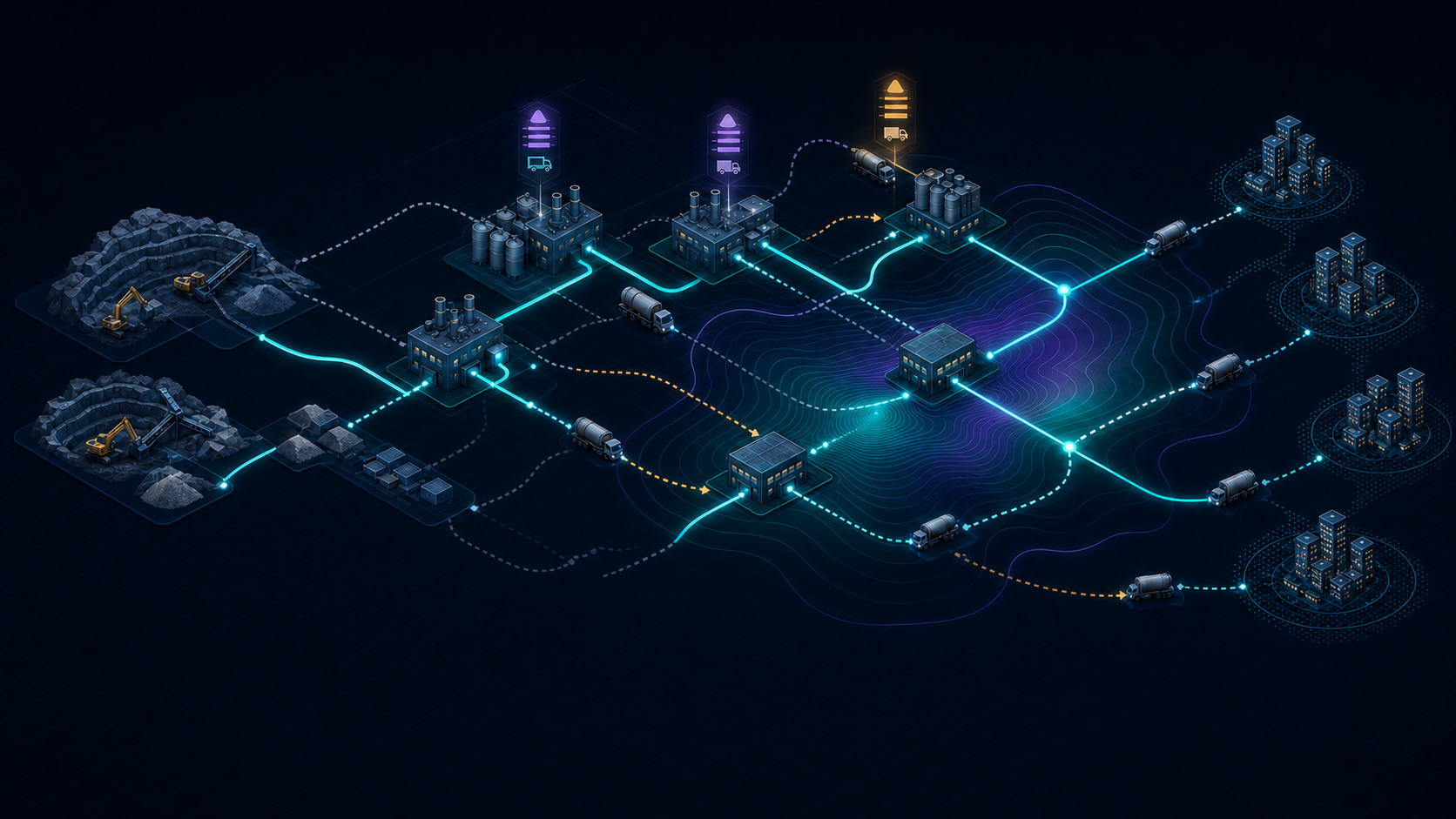 Cement industrial network connecting raw materials, production, distribution and regional demand through economic trade-offs