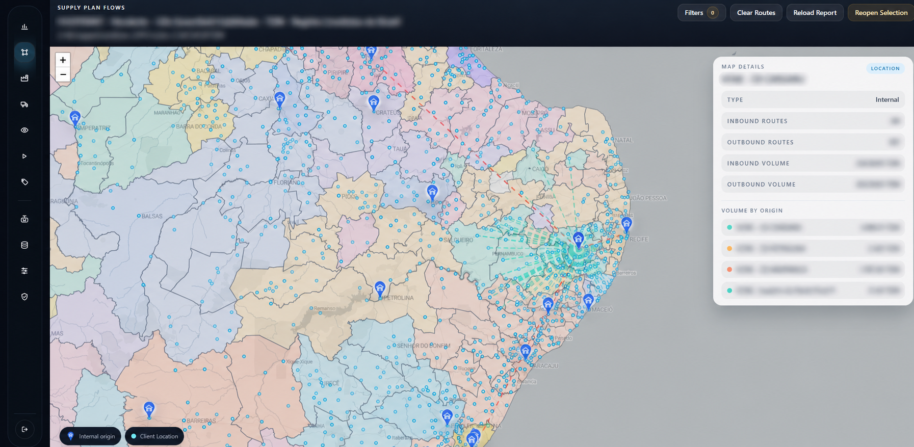 OpsFactor Supply Plan Flows map showing sanitized material flows through the selected network